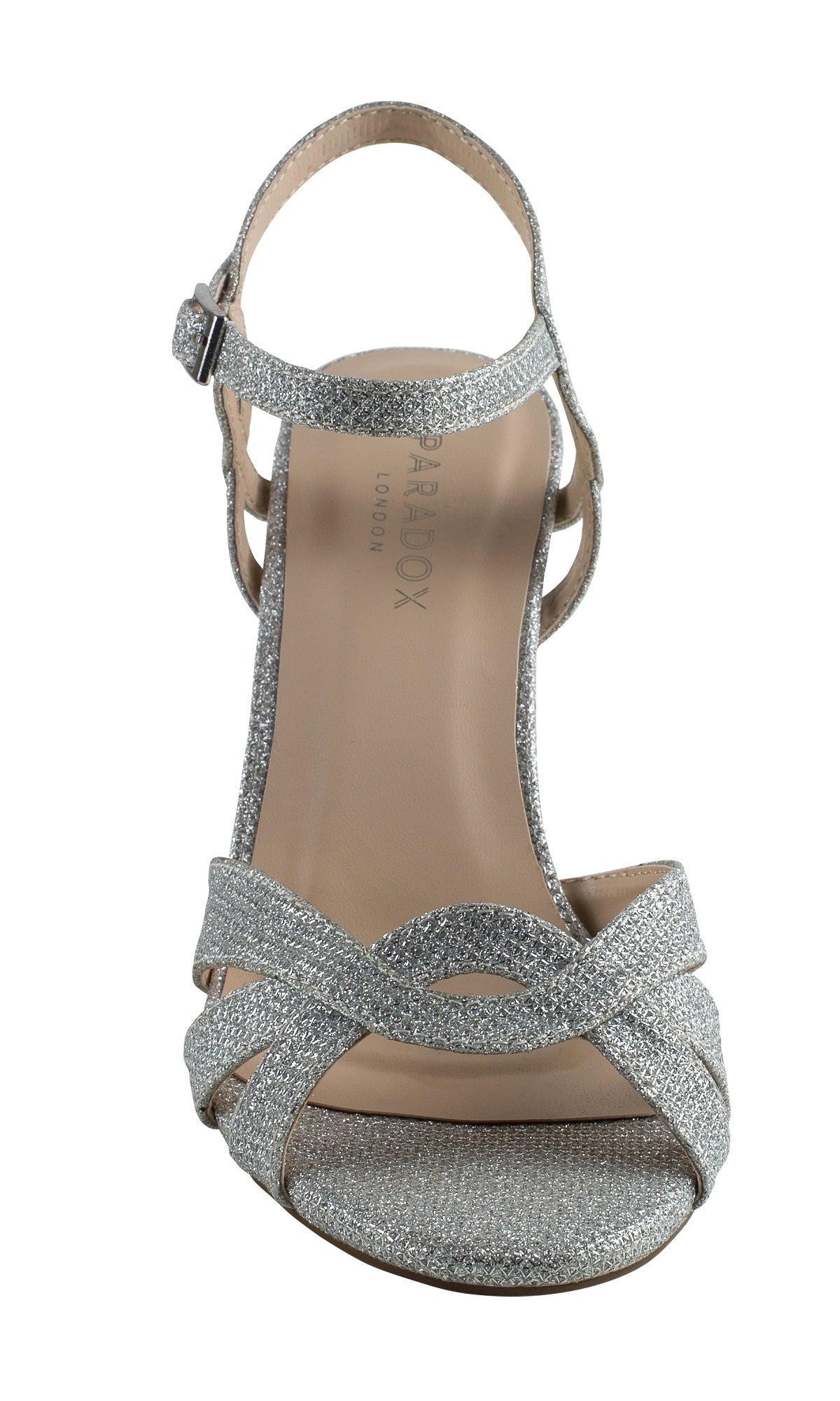 The Kitty Silver Glitter Mesh Prom Shoes by Paradox London (P2105) feature a low heel, ankle strap with buckle, and shimmering mesh—delivering prom-ready open-toe elegance in every sparkling top-down view.